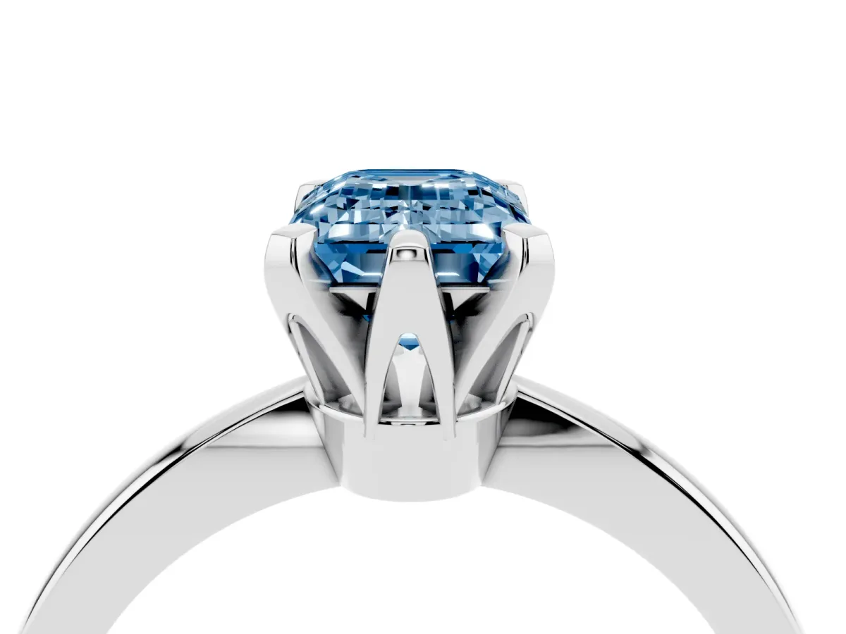 Fancy Blue Emerald Cut Solitaire Engagement Ring with Six-Prong Setting and Tapered Band Silver