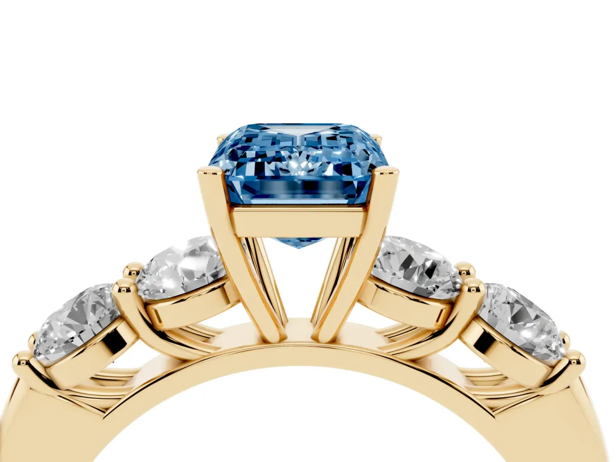 Fancy Blue Emerald Cut Cut Five-Stone Prong Set Diamond Ring with Classic Band Yellow gold