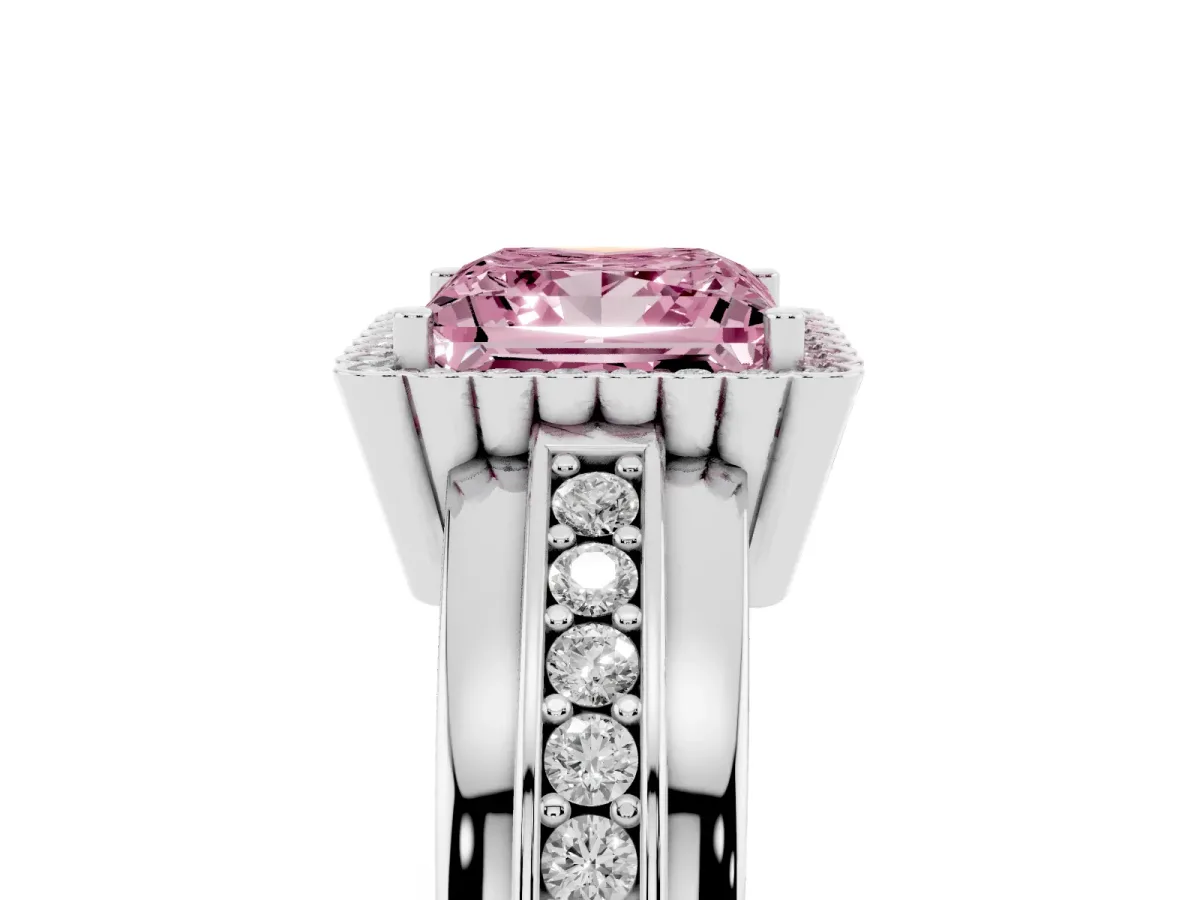 Fancy Pink Princess Cut Cut Halo Pave Band Four-Prong Ring Platinum