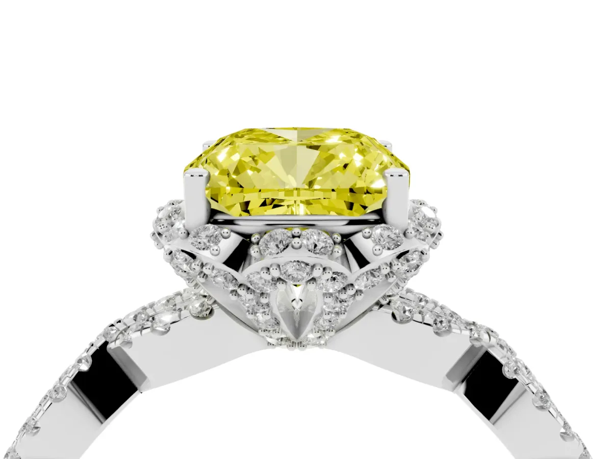 Fancy Yellow Cushion Cut Halo Twist Band Solitaire Ring with Six-Prong Setting Silver