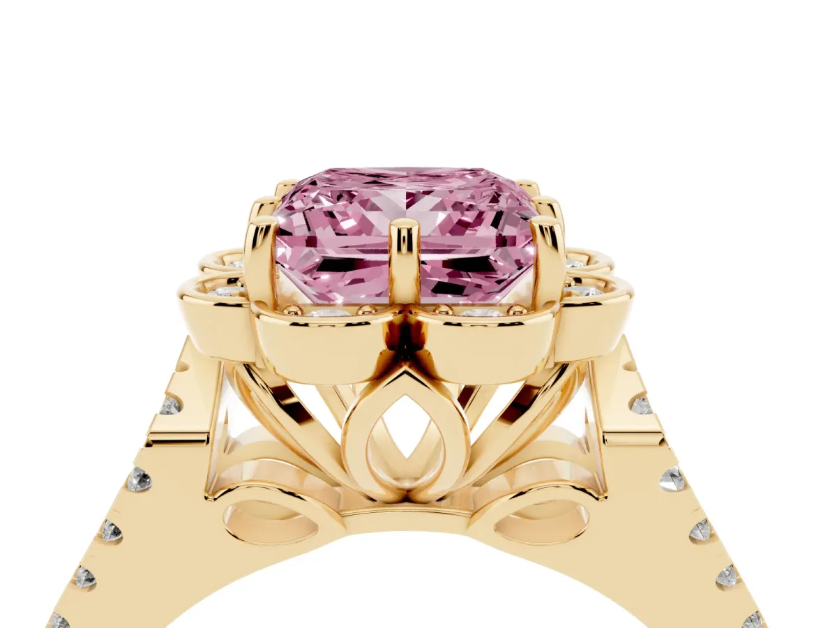 Fancy Pink Princess Cut Halo Diamond Floral Split Shank Engagement Ring Yellow gold