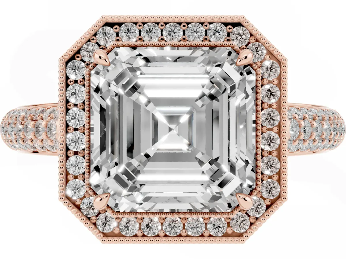 Asscher Cut Cut Halo Diamond Pave Band with Four-Prong Setting Rose gold