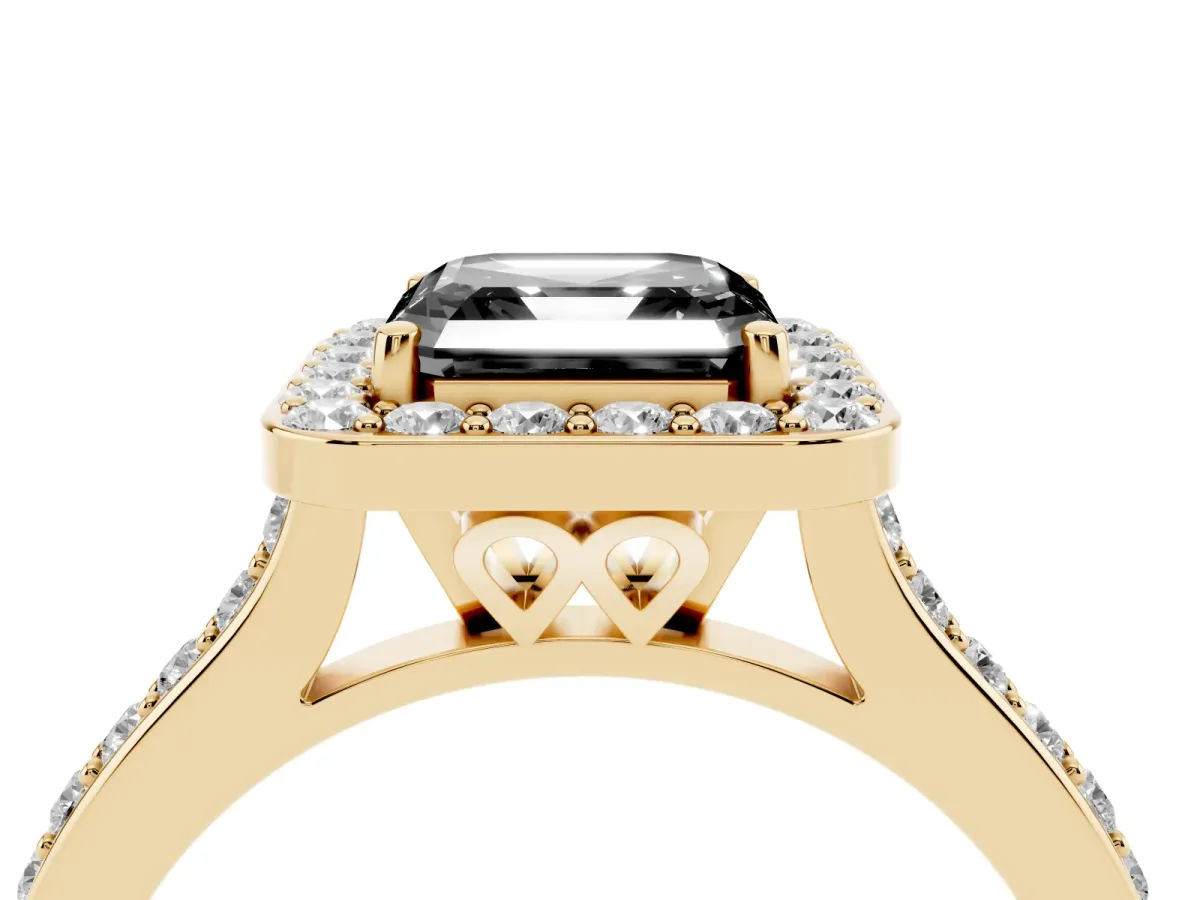 Fancy Black Asscher Cut Diamond Halo Engagement Ring with Round Pavé Shoulders and Prong Setting Yellow gold