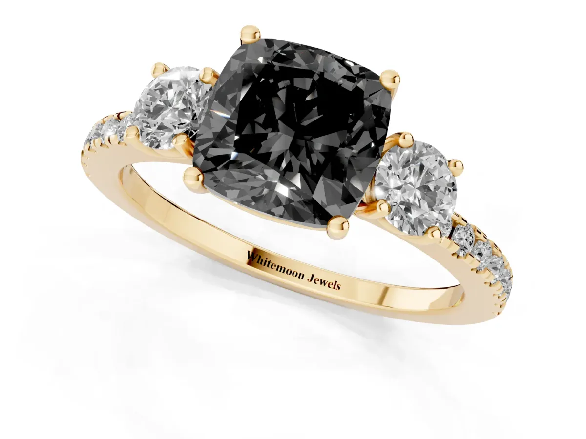 Fancy Black Three-Stone Cushion Cut Cut Diamond Pavé Band with Prong Setting Yellow gold