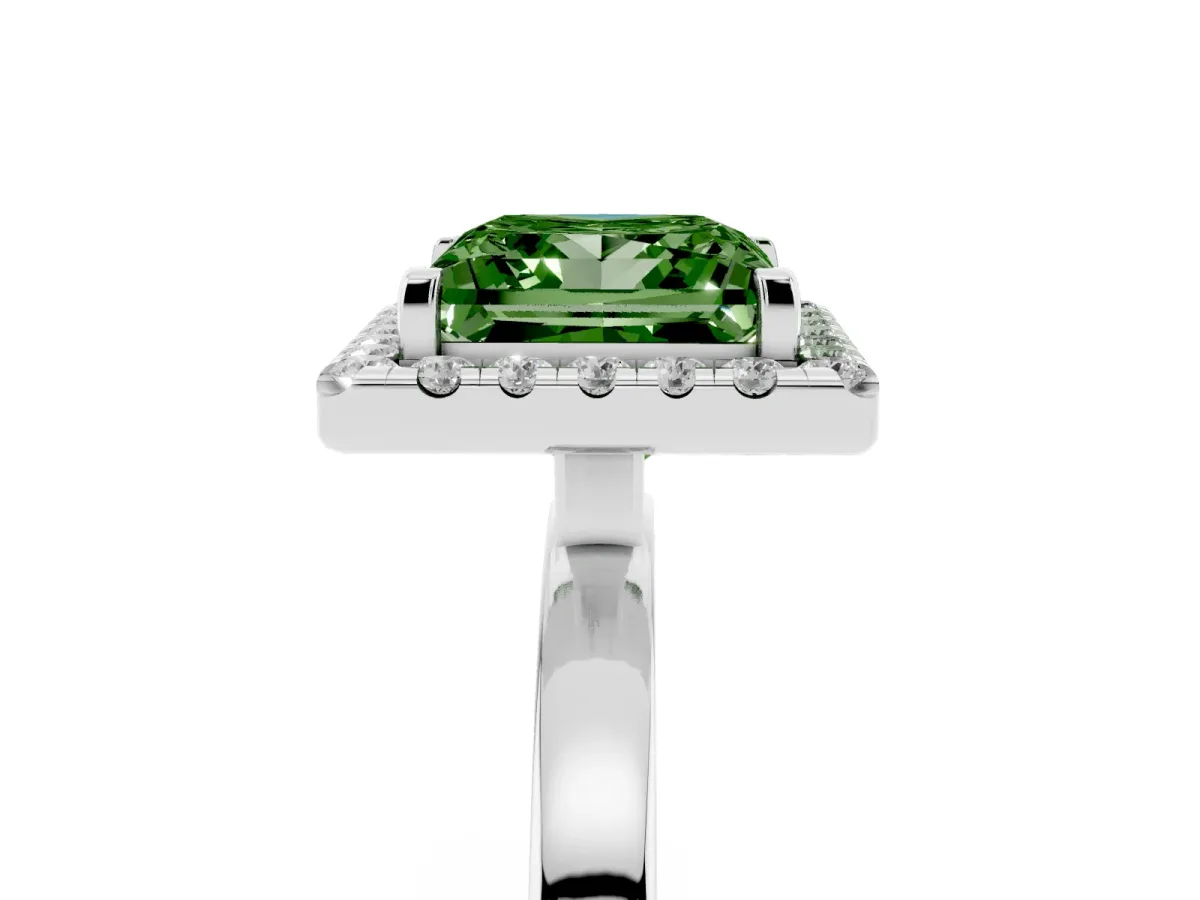 Fancy Green Princess Cut Halo Diamond Solitaire with Pavé Band and Four-Prong Setting Silver