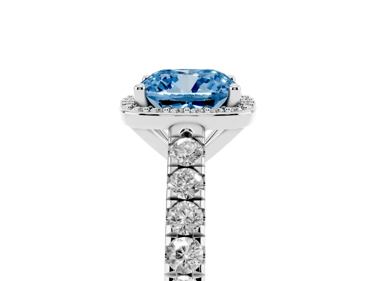 Fancy Blue Cushion Cut Cut Halo Diamond Engagement Ring with Pave Band and Four-Prong Setting Silver
