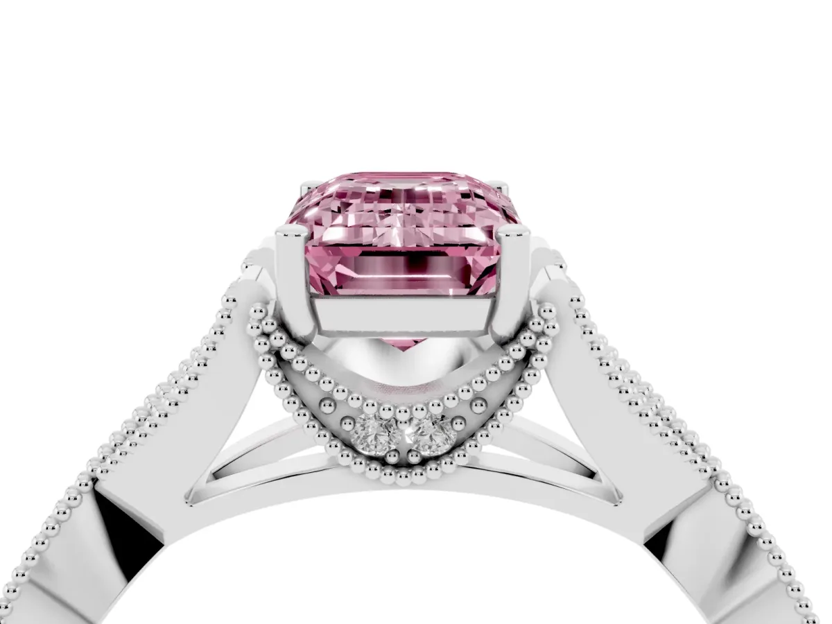 Fancy Pink Emerald Cut Cut Diamond Twisted Band with Milgrain Pave Setting and Four-Prong Setting Silver