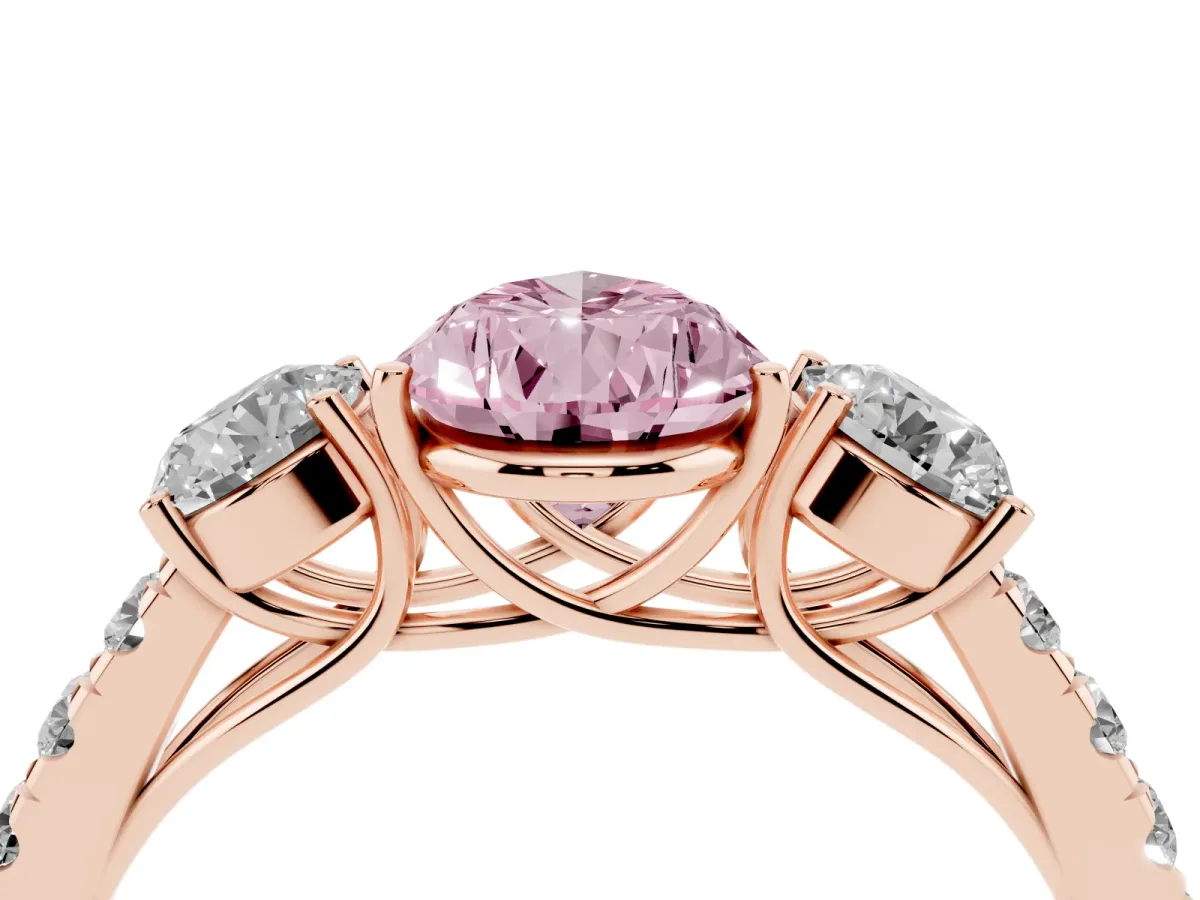 Fancy Pink Pear Cut Cut Diamond Three-Stone Ring with Round Side Stones and Pavé Band Rose gold