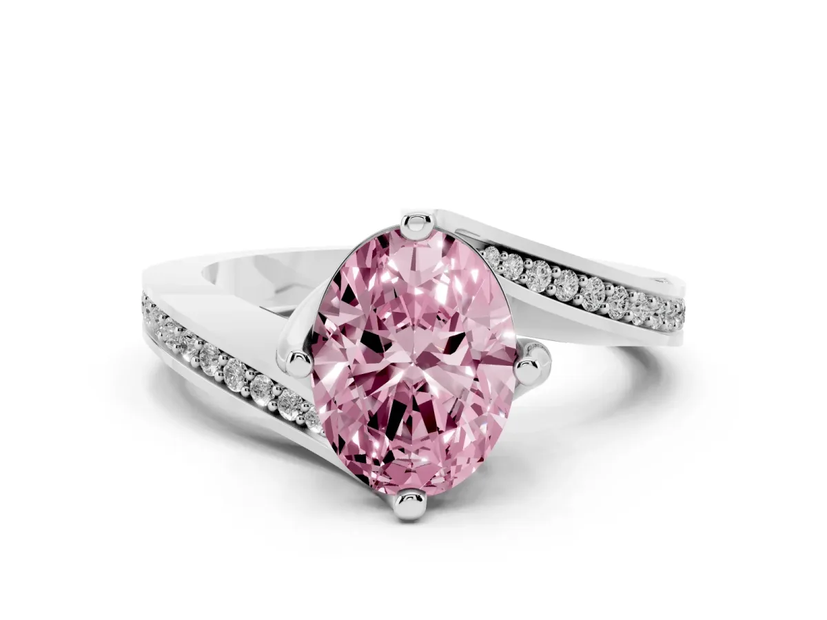 Fancy Pink Oval Cut Solitaire Diamond Twist Band with Pavé Setting and Four-Prong Setting Silver