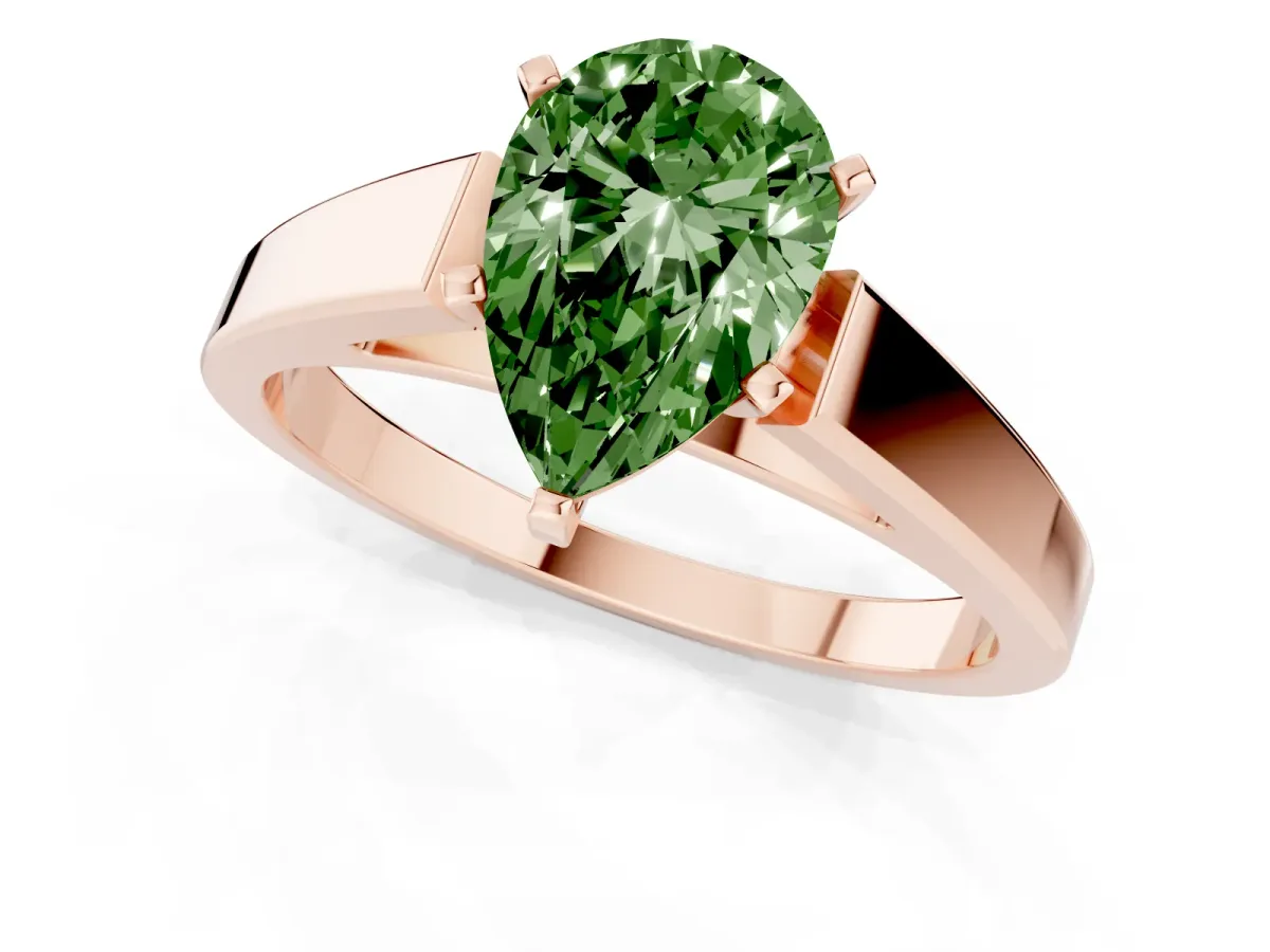 Fancy Green Pear Cut Solitaire Engagement Ring with Four-Prong Setting and Tapered Band Rose gold