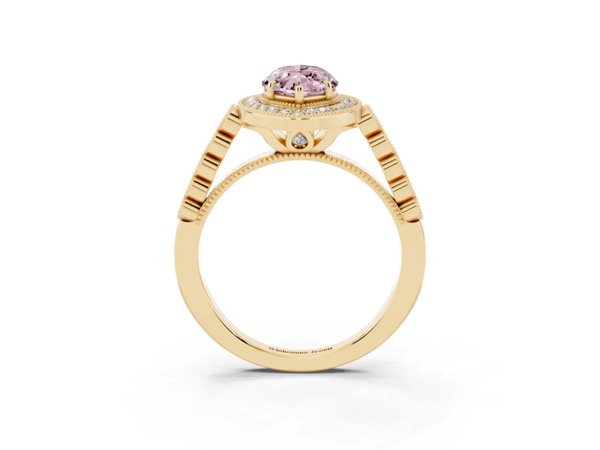 Fancy Pink Marquise Cut Halo Milgrain Solitaire with Bezel Set Side Stones and Pave Band Yellow gold