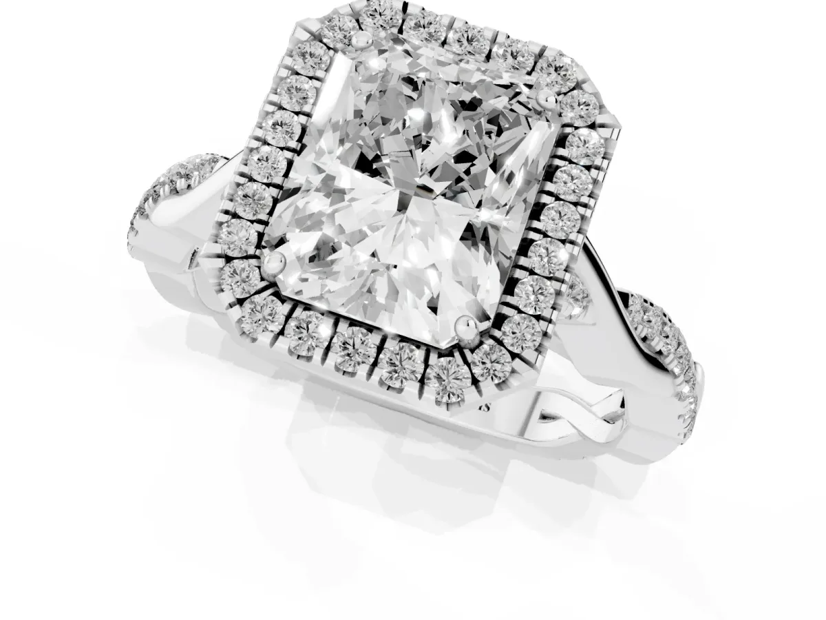 Radiant Cut Halo Twist Band Solitaire Ring Silver