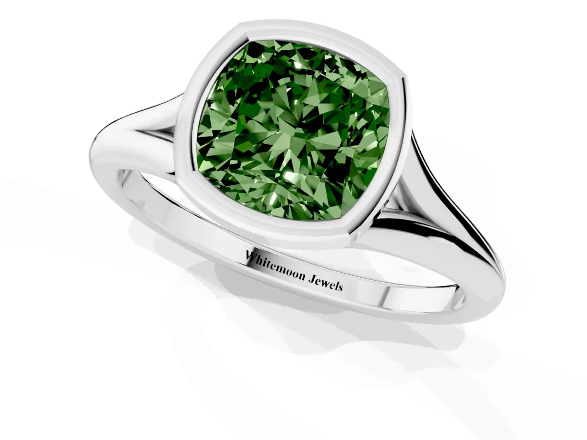 Fancy Green Bezel Set Cushion Cut Cut Solitaire Ring with Tapered Band Silver
