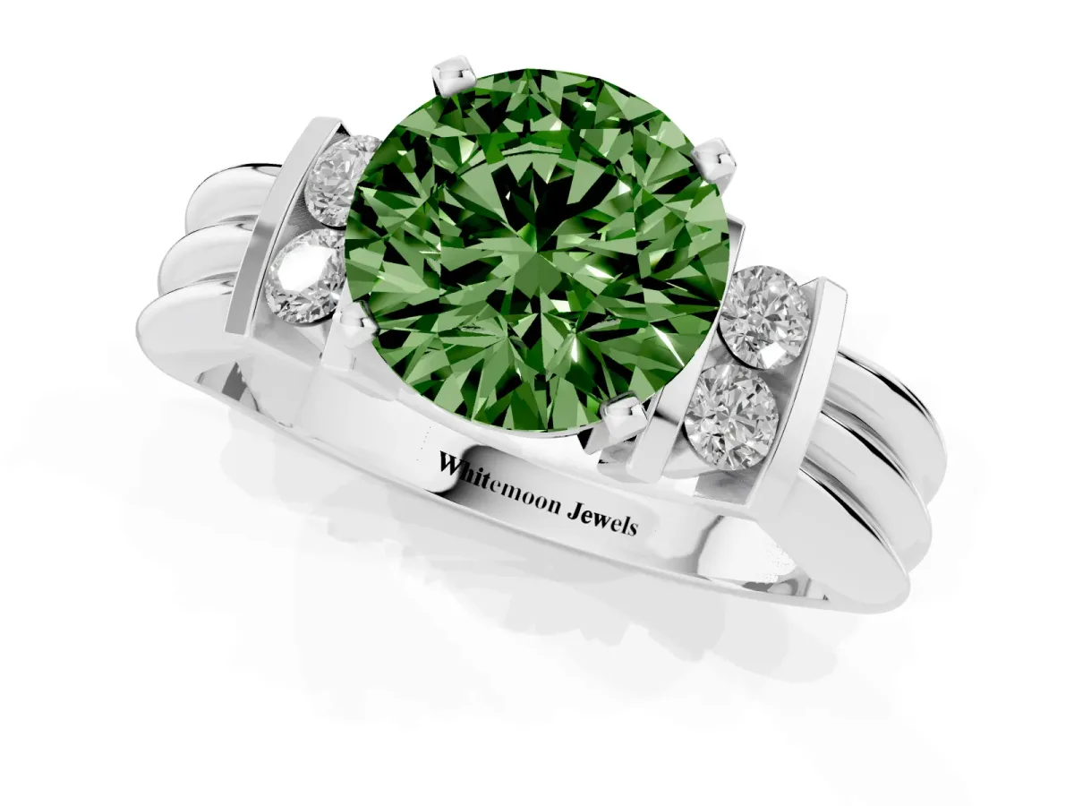Fancy Green Round Cut Cut Three-Stone Channel Set Ring with Bar Prongs Silver