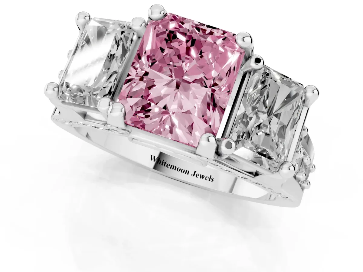 Fancy Pink Radiant Cut Diamond Three-Stone Ring with Channel Set Band and Four-Prong Setting Silver