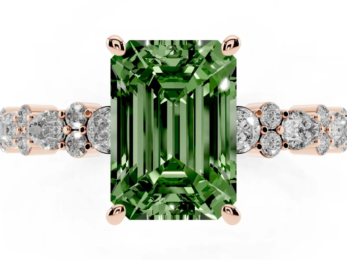 Fancy Green Emerald Cut Diamond Side Stone Solitaire Ring with Round and Four-Prong Setting Rose gold