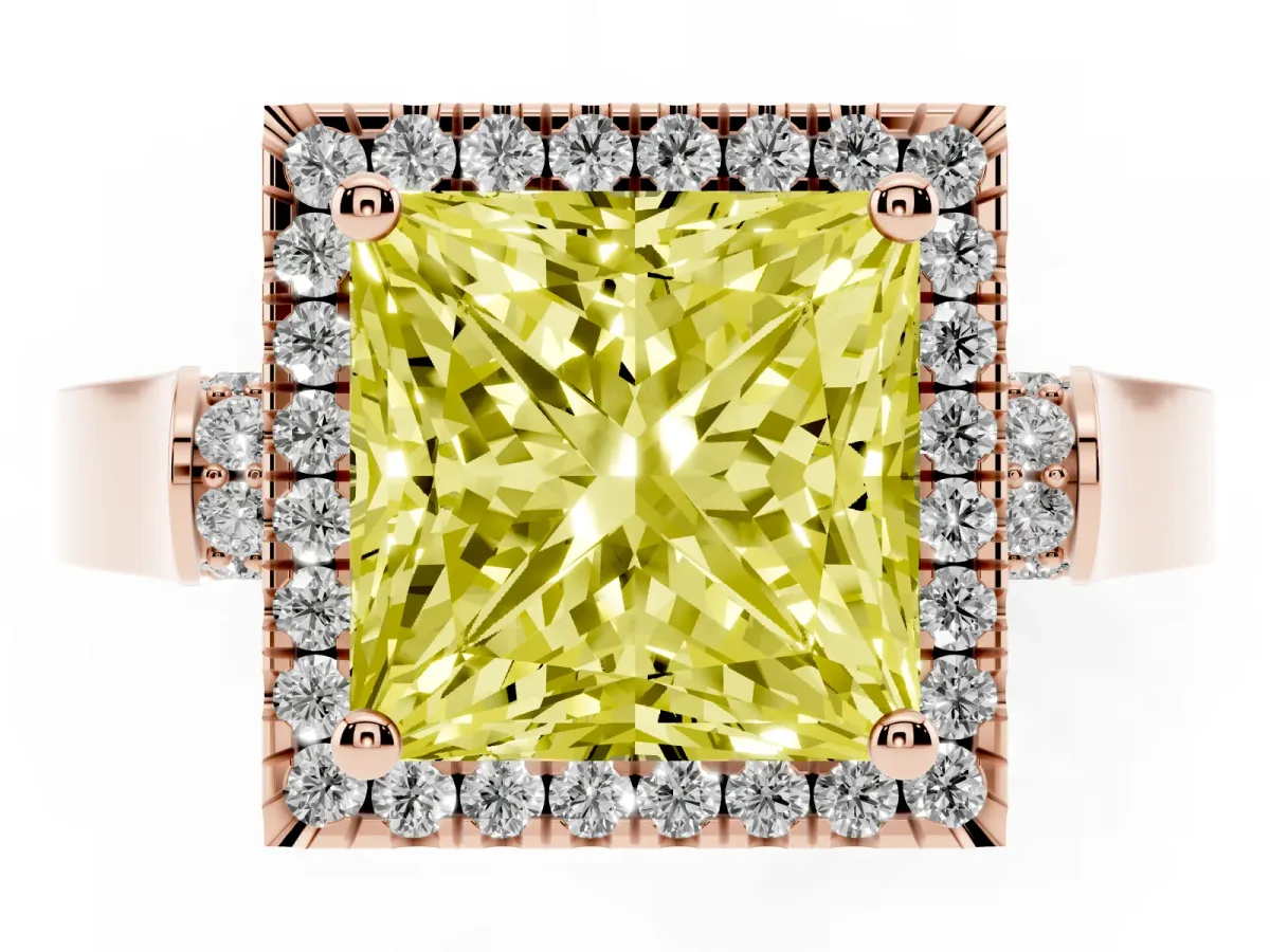 Fancy Yellow Princess Cut Halo Round Diamond Twist Band with Four-Prong Setting Rose gold