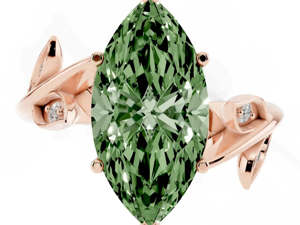 Fancy Green Marquise Cut Solitaire Twist Engagement Ring with Leaf Accents and Prong Setting Rose gold