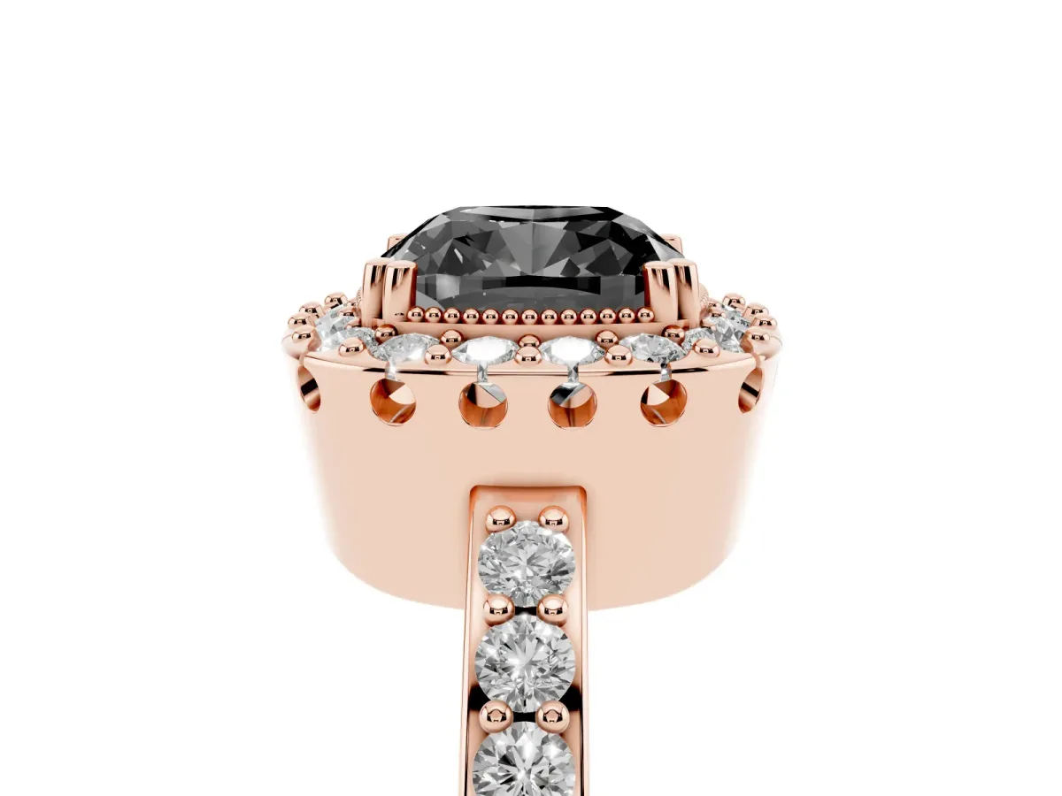 Fancy Black Cushion Cut Diamond Halo Ring with Pavé Band and Prong Setting Rose gold