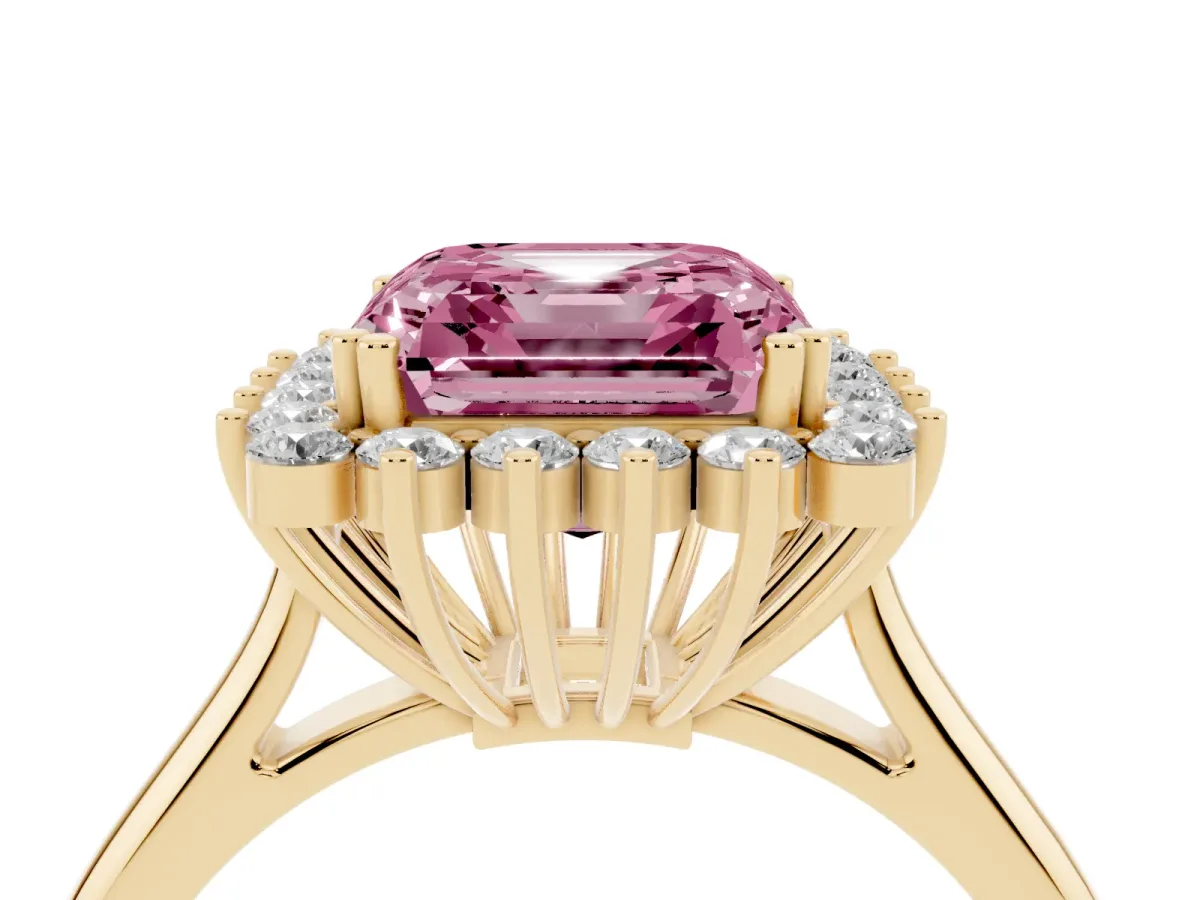 Fancy Pink Asscher Cut Cut Diamond Halo Ring with Solitaire Band and Prong Setting Yellow gold