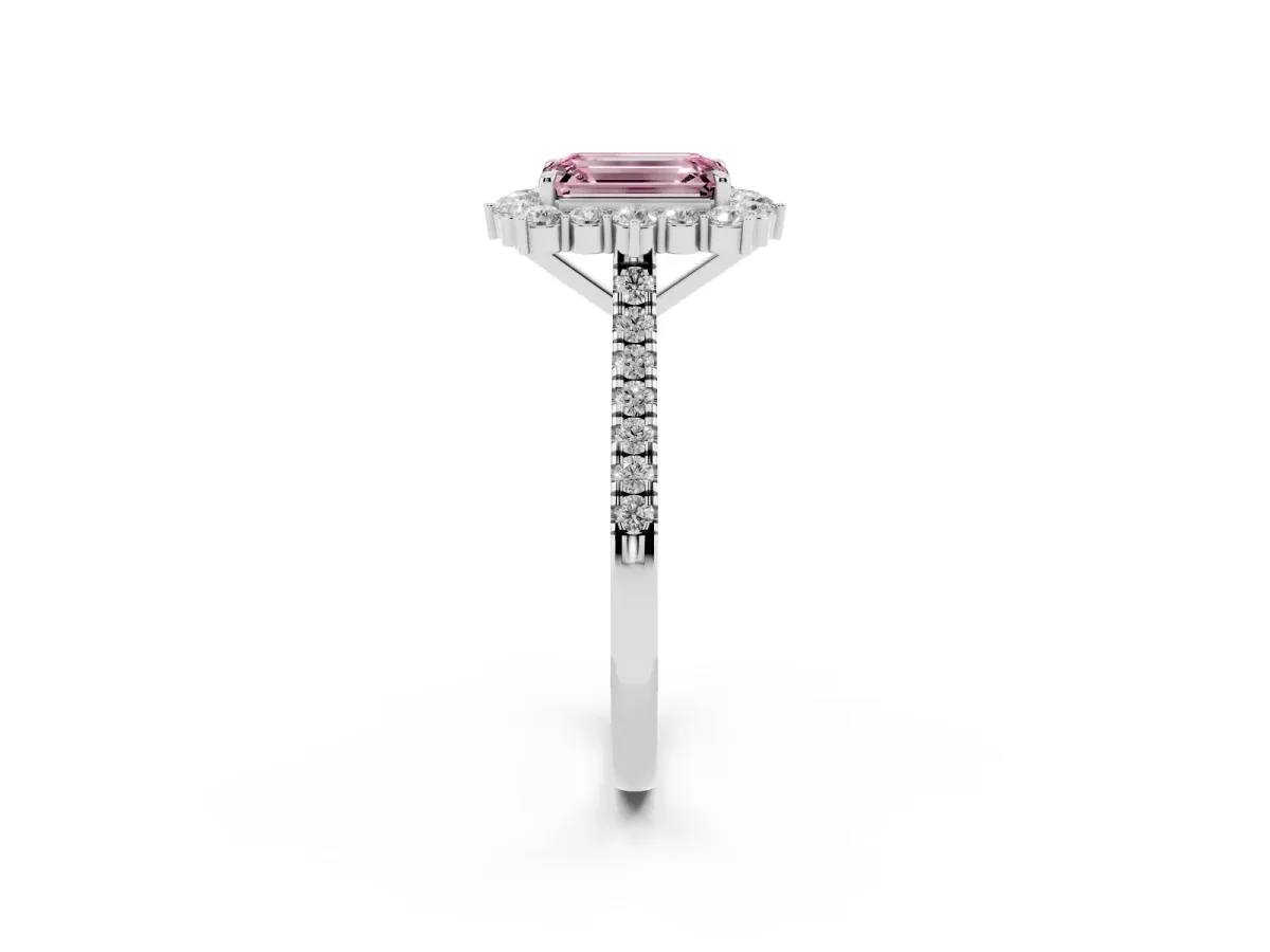 Fancy Pink Emerald Cut Halo Diamond Ring with Pavé Band and Prong Setting Silver