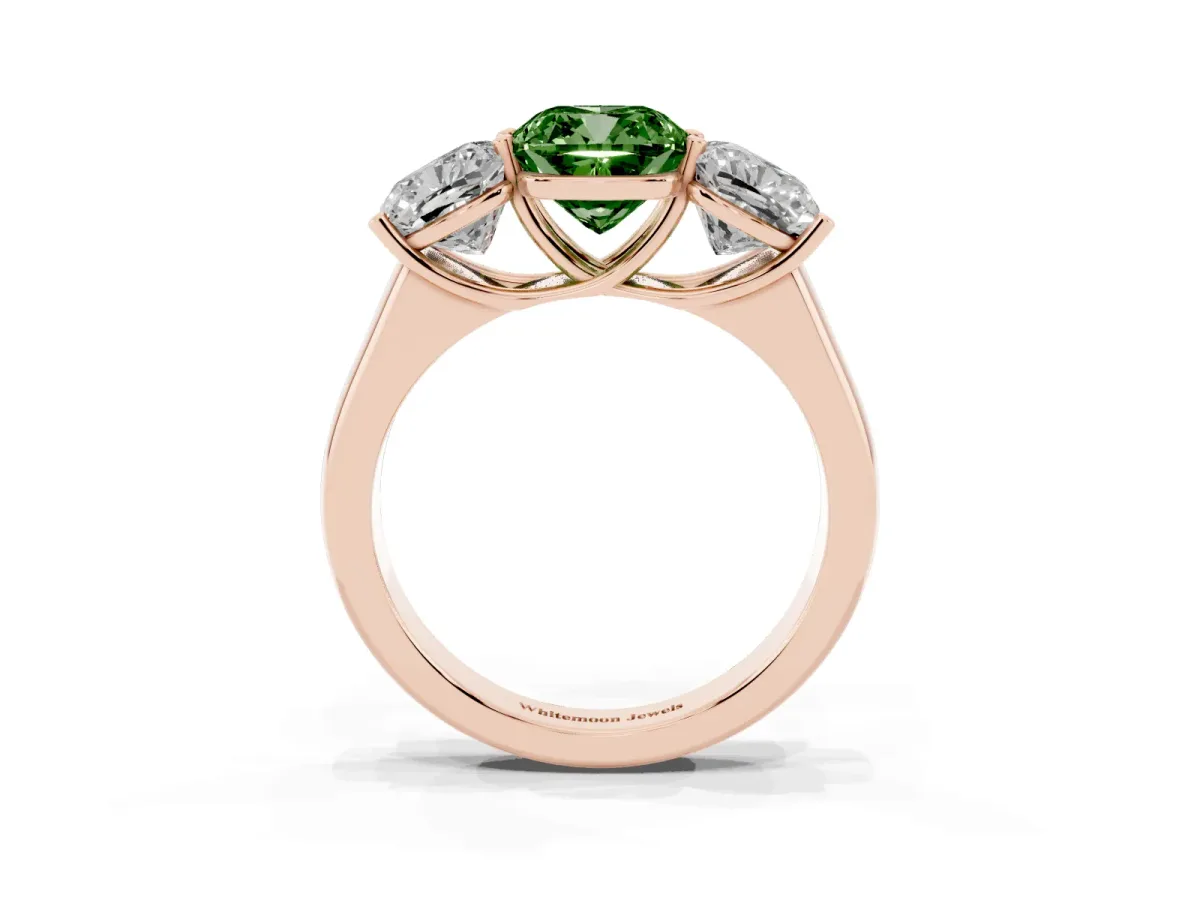 Fancy Green Cushion Cut Three-Stone Diamond Ring with Prong Setting on a Classic Band Rose gold