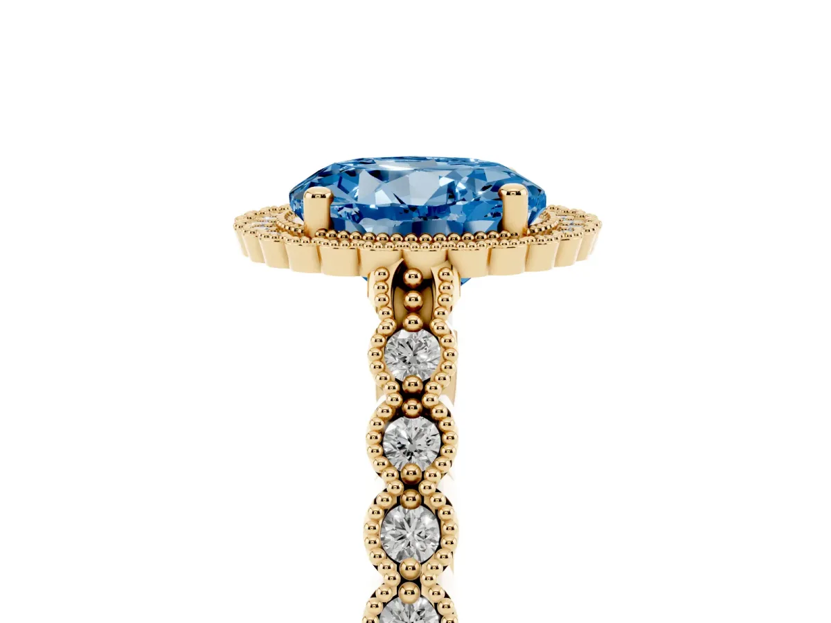 Fancy Blue Round Cut Cut Halo Pavé Solitaire Ring with Milgrain Band Yellow gold