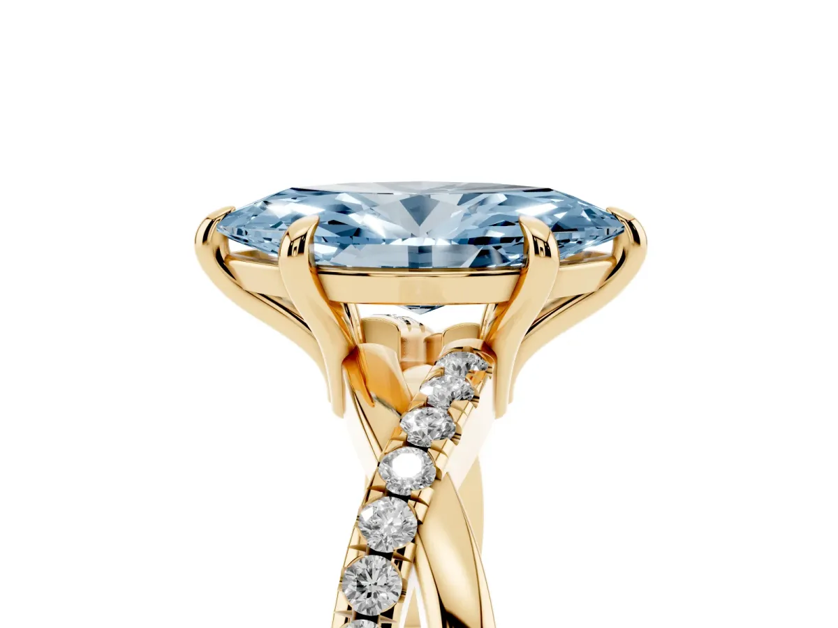 Fancy Blue Marquise Cut Cut Diamond Twist Band Solitaire with Prong Setting Yellow gold