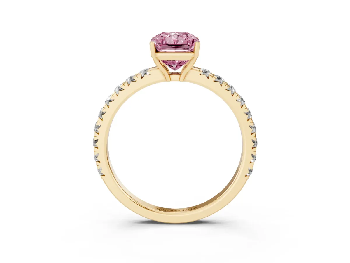 Fancy Pink Radiant Cut Diamond Pavé Solitaire Engagement Ring with Four-Prong Setting Yellow gold