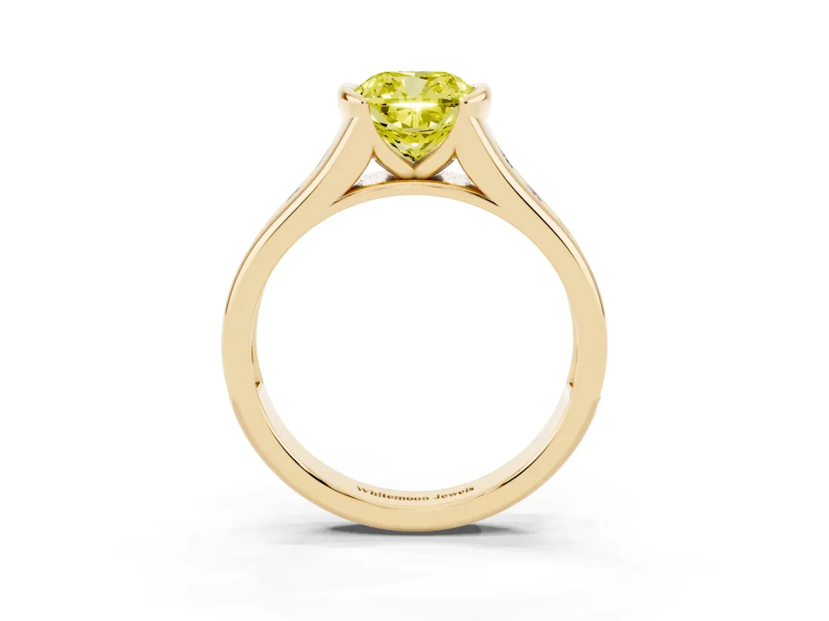 Fancy Yellow Cushion Cut Solitaire Bezel-Set Diamond Ring with Channel-Set Band Yellow gold