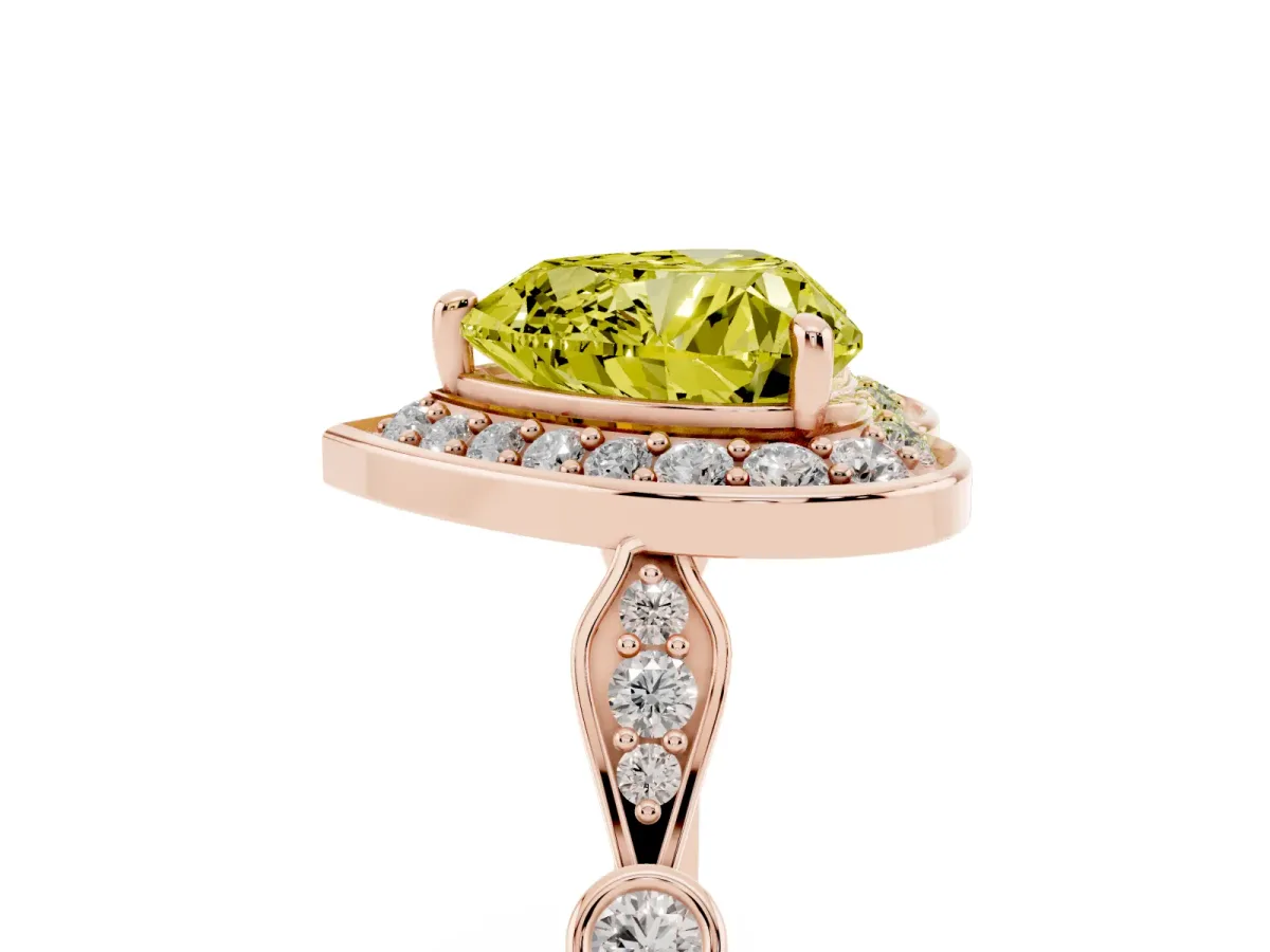 Fancy Yellow Heart Cut Halo Diamond Engagement Ring with Twisted Band and Four-Prong Setting Rose gold