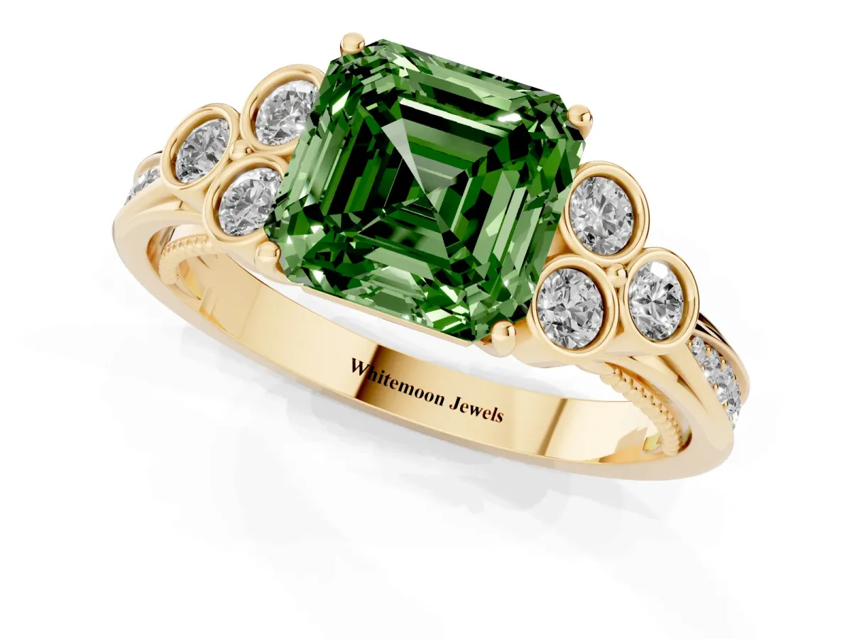 Fancy Green Asscher Cut Cut Diamond Engagement Ring with Bezel Set Round Side Stones and Prong Setting Yellow gold