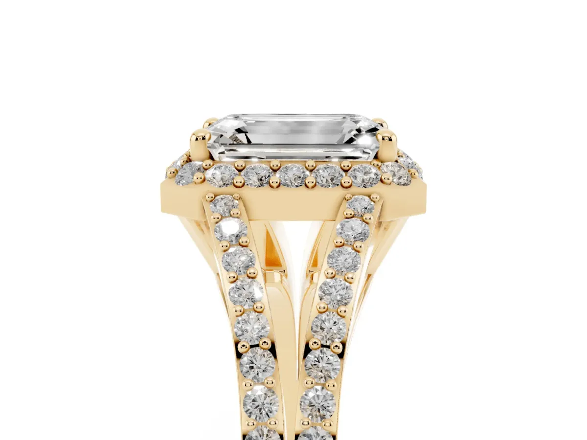 Emerald Cut Halo Split Shank Pave Diamond Ring with Four-Prong Setting Yellow gold