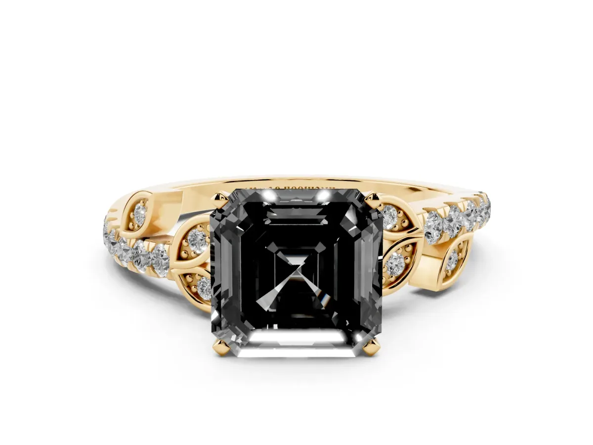 Fancy Black Asscher Cut Solitaire Leaf-Inspired Diamond Ring with Pavé Band and Four-Prong Setting Yellow gold