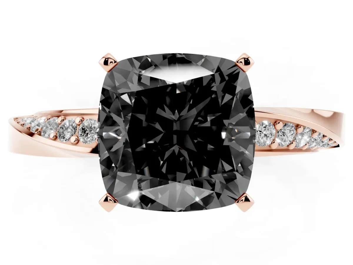 Fancy Black Cushion Cut Diamond Engagement Ring with Side Stone Accents and Four-Prong Setting Rose gold
