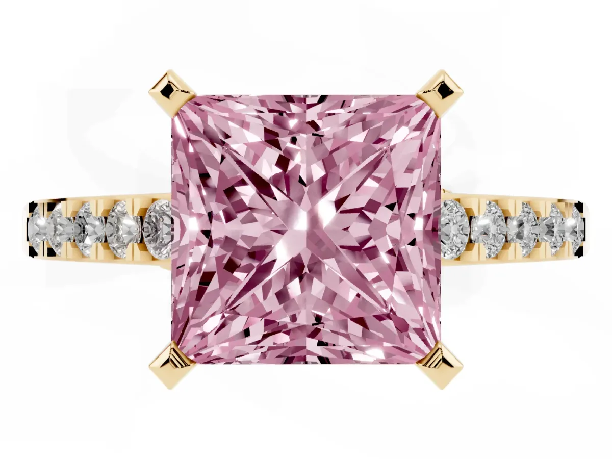 Fancy Pink Princess Cut Diamond Solitaire Ring with Crossover Gallery and Round Pavé Band Yellow gold