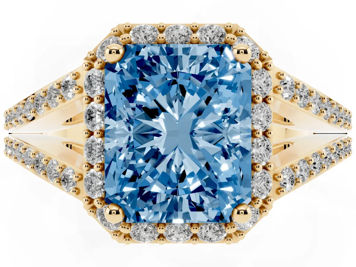 Fancy Blue Radiant Cut Halo Split Shank Diamond Ring with Prong Setting Yellow gold