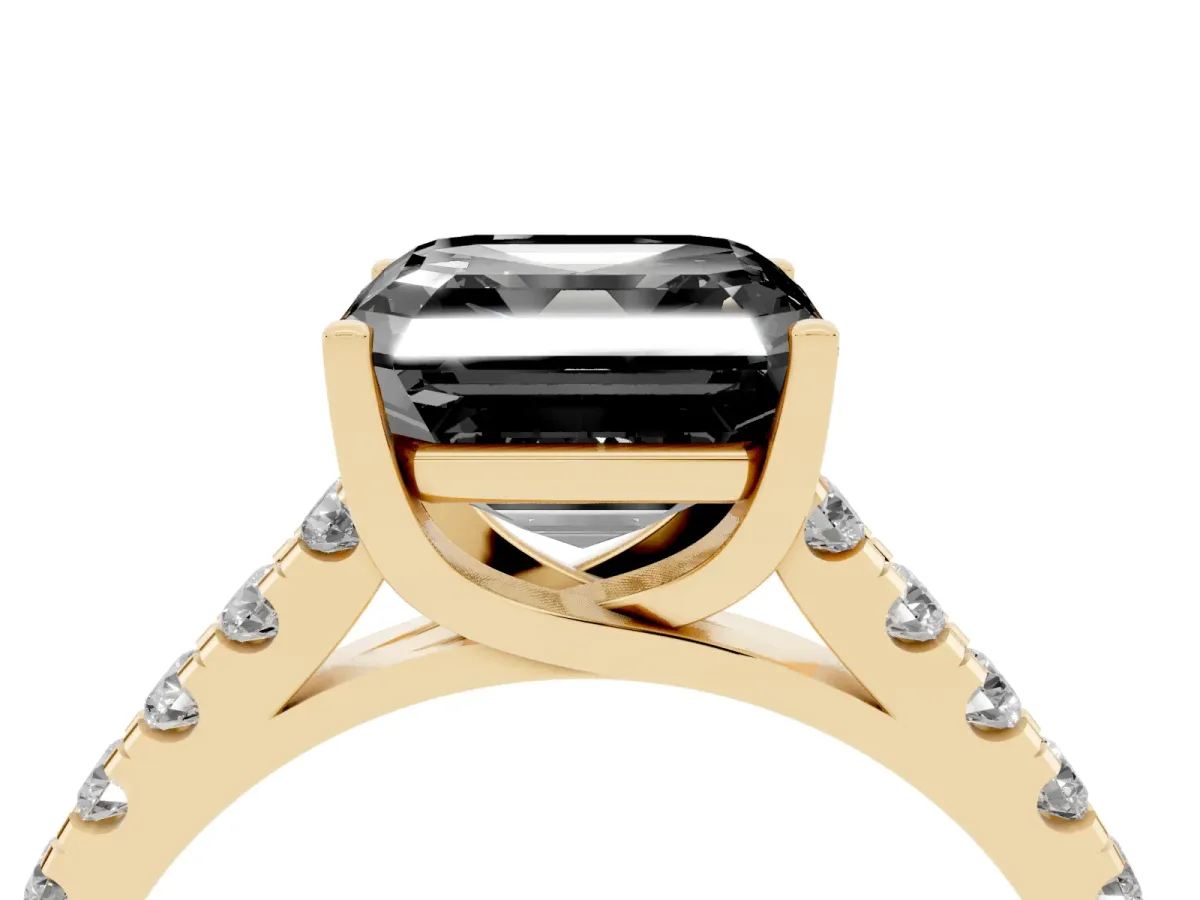 Fancy Black Asscher Cut Diamond Pavé Band Solitaire Ring with Prong Setting Yellow gold