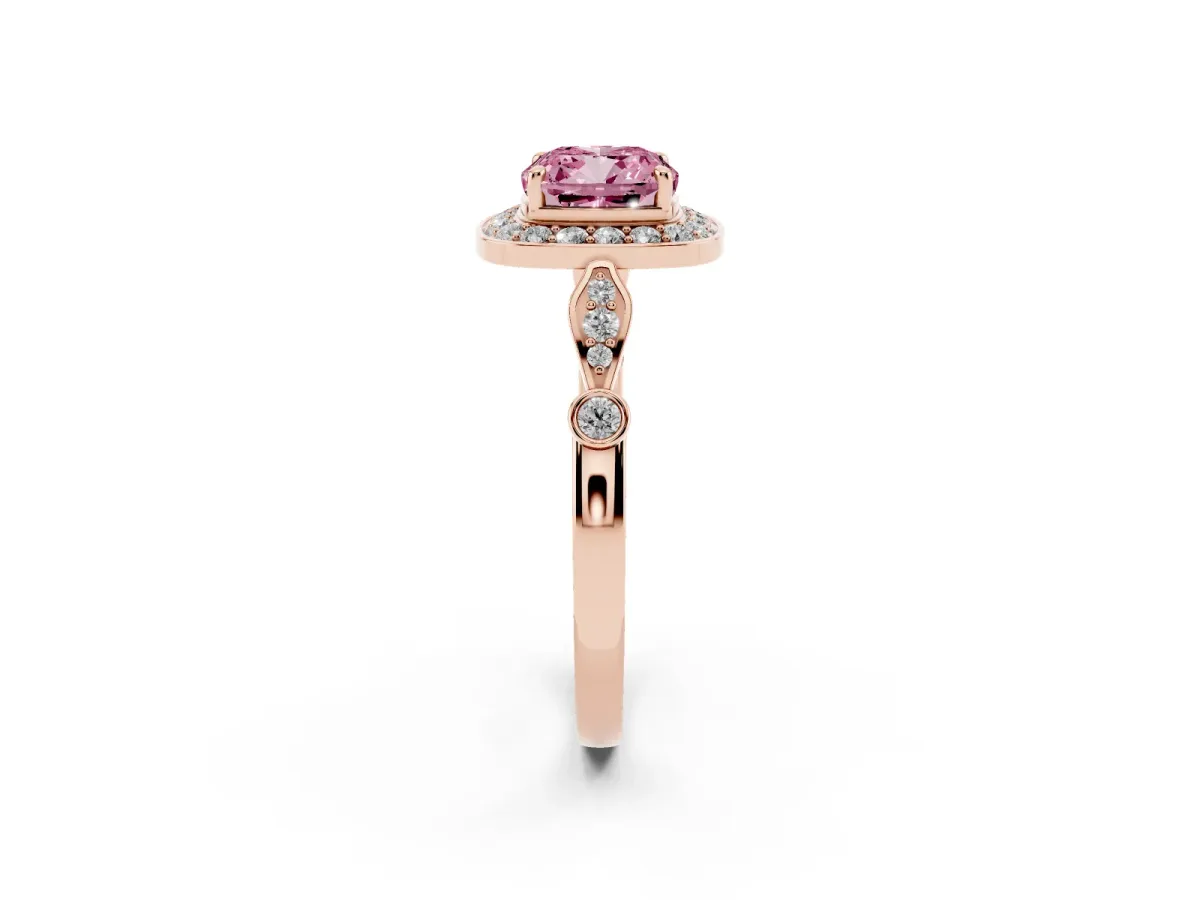 Fancy Pink Cushion Cut Halo Diamond Engagement Ring with Twisted Band and Four-Prong Setting Rose gold