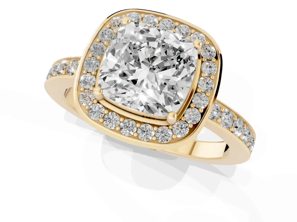 Cushion Cut Diamond Halo Ring with Bezel Frame and Pavé Band Yellow gold