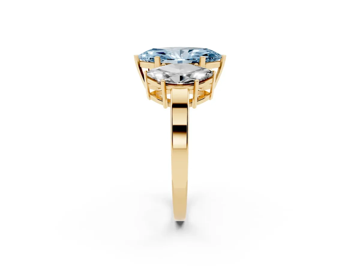 Fancy Blue Three-Stone Marquise Cut Cut Diamond Engagement Ring with Flat Band and Four-Prong Setting Yellow gold