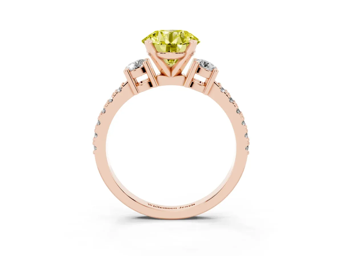Fancy Yellow Round Cut Three-Stone Diamond Pavé Band with Prong Setting Rose gold