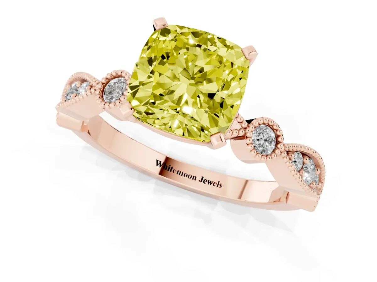 Fancy Yellow Cushion Cut Milgrain Bezel Diamond Engagement Ring with Solitaire Prong Setting Rose gold