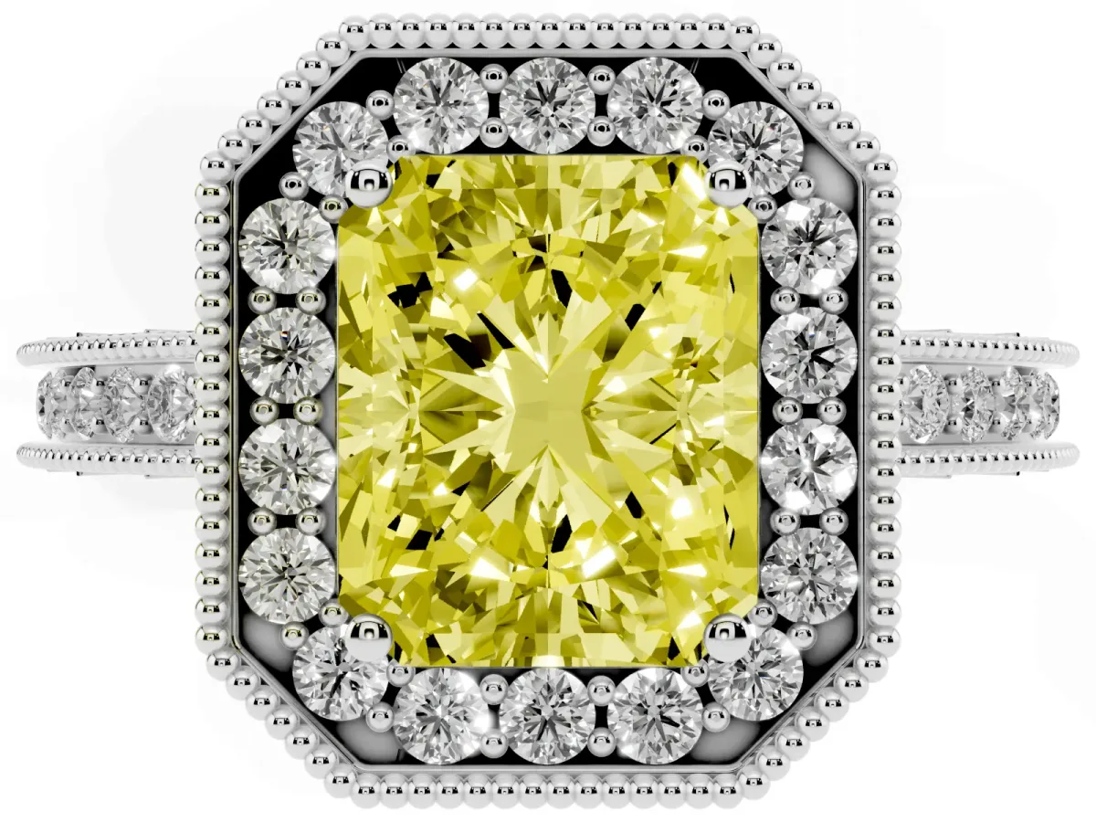 Fancy Yellow Radiant Cut Diamond Milgrain Halo Engagement Ring with Round Pavé Band and Prong Setting Silver
