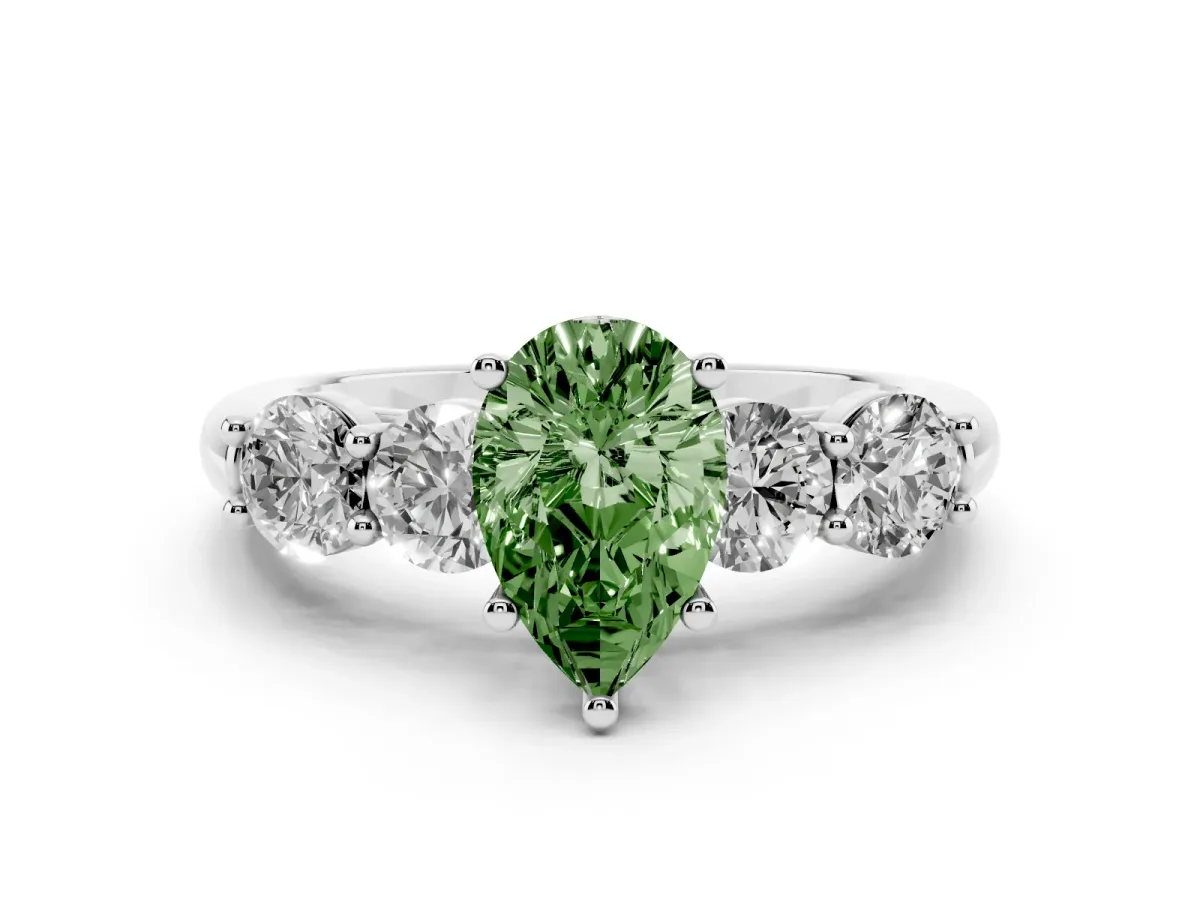 Fancy Green Pear Cut Cut Five-Stone Prong Set Diamond Ring with Classic Band Silver