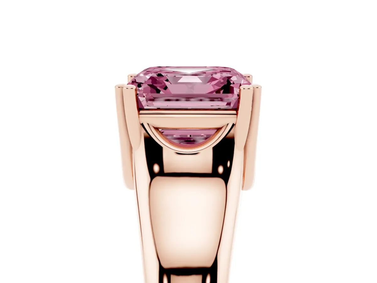 Fancy Pink Asscher Cut Diamond Solitaire Ring with Wide Band and Prong Setting Rose gold