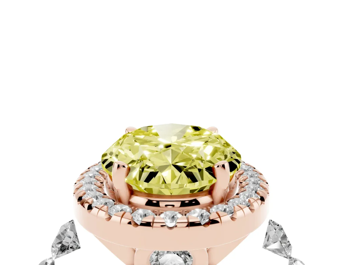 Fancy Yellow Oval Cut Halo Pavé Diamond Engagement Ring with Four-Prong Setting Rose gold