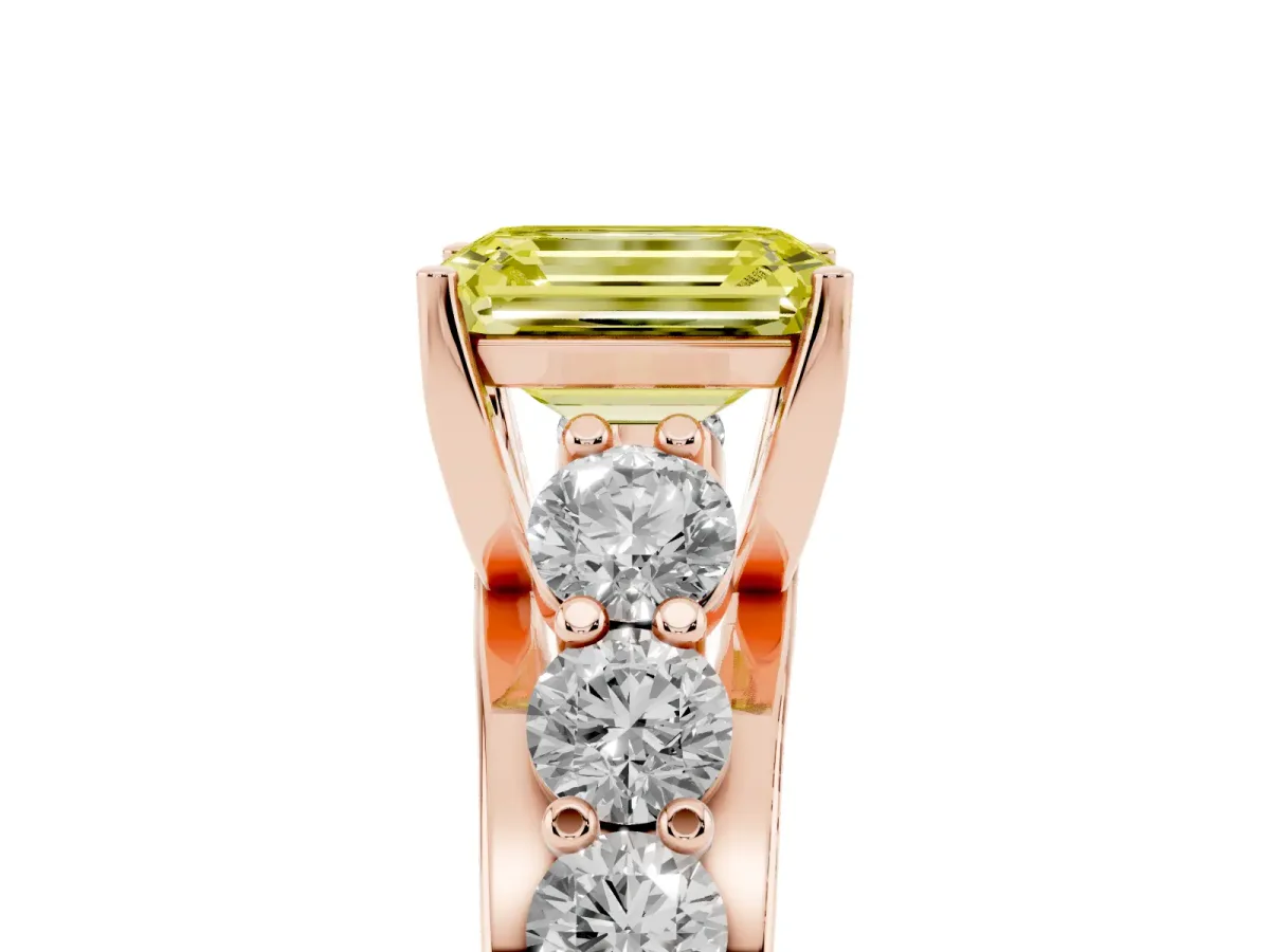 Fancy Yellow Emerald Cut Diamond Engagement Ring with Pavé Band and Four-Prong Setting Rose gold