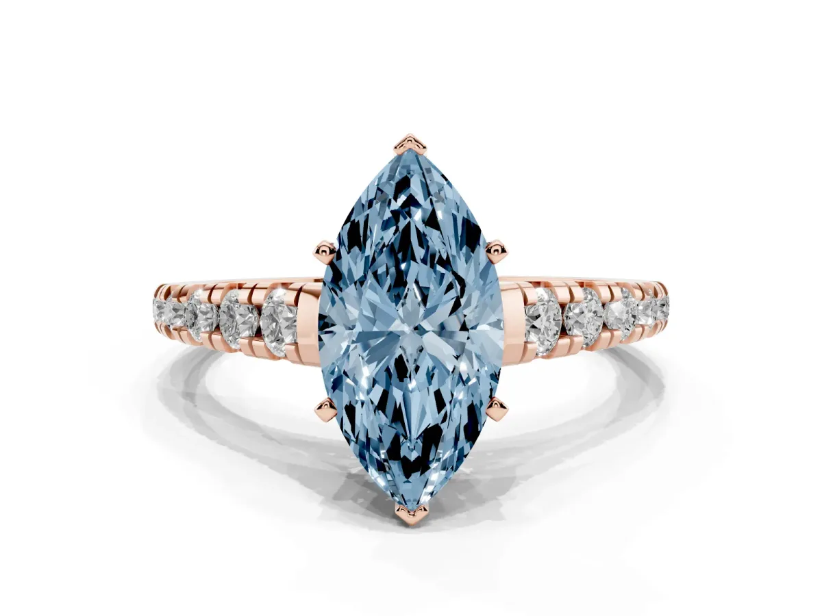 Fancy Blue Marquise Cut Diamond Cathedral Solitaire Ring with Round Pavé Band Rose gold