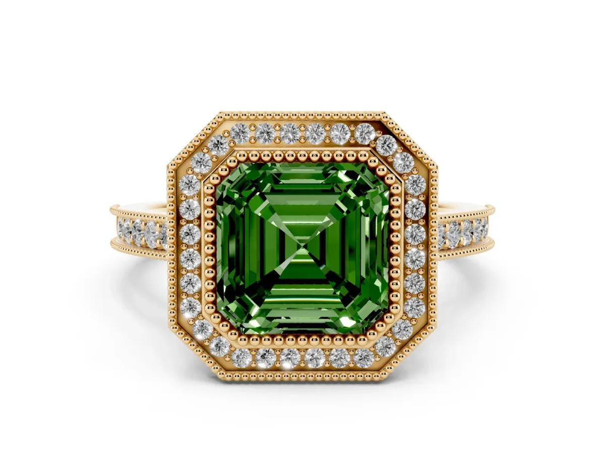 Fancy Green Halo Asscher Cut-Cut Diamond Pave Band Milgrain Prong Setting Ring Yellow gold